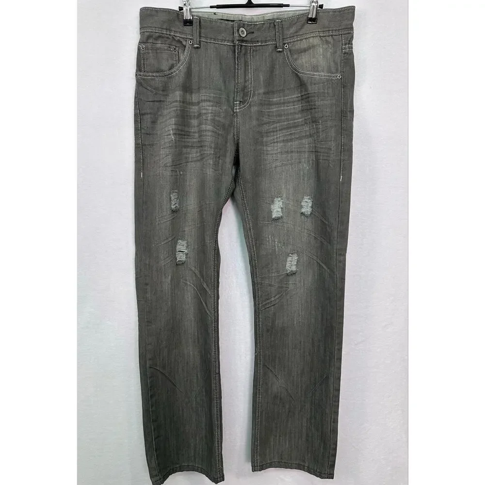 Platini Jeans Co Men’s Gray Distressed Jeans 36x32 Y2K Straight Leg Denim